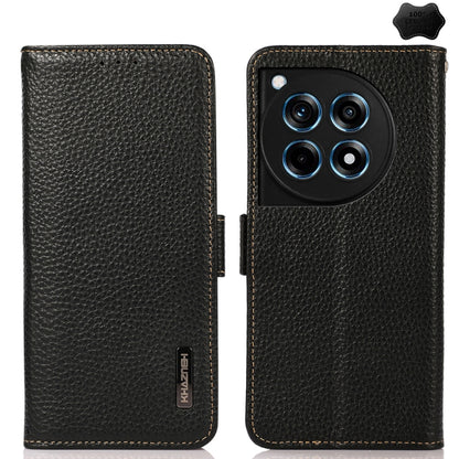 KHAZNEH Side-Magnetic Litchi Genuine Leather RFID Phone Case, For OnePlus 12R, For OnePlus 12, For OnePlus Ace 2 Pro, For OnePlus Nord 3