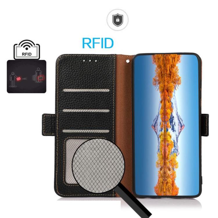KHAZNEH Side-Magnetic Litchi Genuine Leather RFID Phone Case, For OnePlus Nord CE5 / Ace 5 Racing, For OnePlus Ace 5 Pro / Ace 5 / 13R, For OnePlus 13, For OnePlus CE4 Lite, For OnePlus Ace 3V, For OnePlus CE4 5G Global