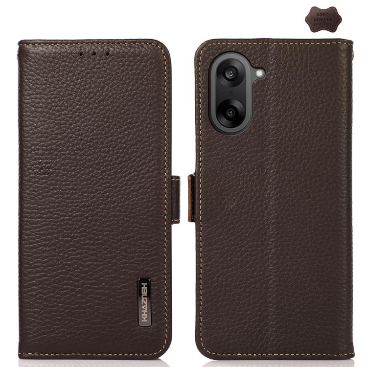 KHAZNEH Side-Magnetic Litchi Genuine Leather RFID Phone Case, For OnePlus Nord CE5 / Ace 5 Racing, For OnePlus Ace 5 Pro / Ace 5 / 13R, For OnePlus 13, For OnePlus CE4 Lite, For OnePlus Ace 3V, For OnePlus CE4 5G Global