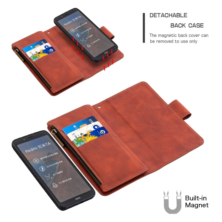 Skin Feel Detachable Magnetic Zipper Horizontal Flip PU Leather Case with Multi-Card Slots & Holder & Wallet & Photo Frame & Lanyard, For Xiaomi Redmi 7A, For Xiaomi Redmi 7, For Xiaomi Redmi 8A, For Xiaomi Redmi 8