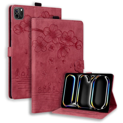 Cartoon Sakura Cat Embossed Smart Leather Tablet Case, For iPad mini 8 2026, For iPad Pro 13 2025 / 2024, For iPad Pro 11 2025 / 2024, For iPad mini 6 / mini 2024