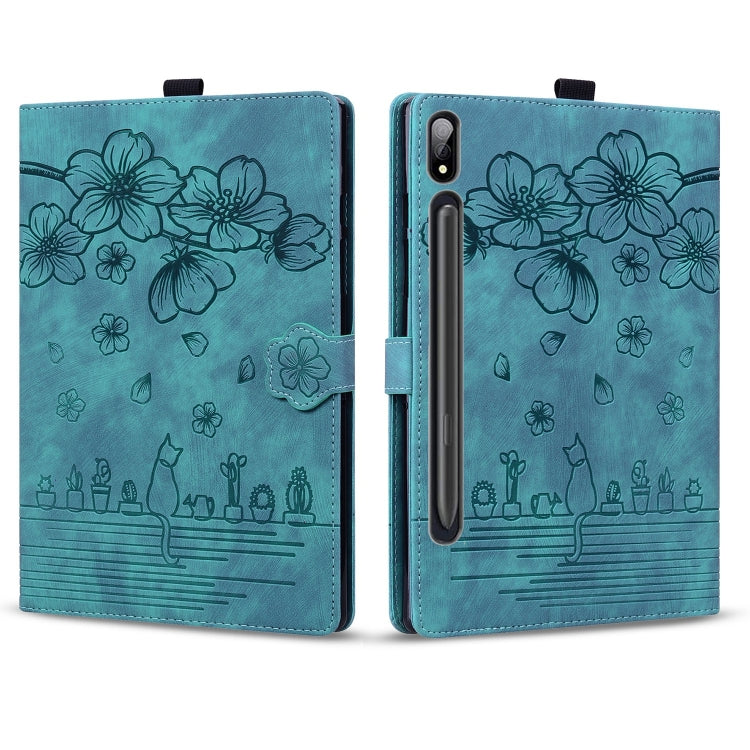 Cartoon Sakura Cat Embossed Leather Tablet Case, For Galaxy Tab S12 Utra / S11 Ultra / S10 Ultra, For Galaxy Tab A11+ / A9+, For Galaxy Tab A11 / A9, For Galaxy Tab S10 FE+
