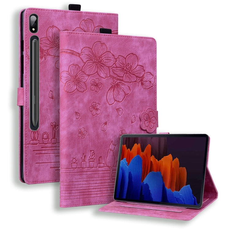 Cartoon Sakura Cat Embossed Leather Tablet Case, For Galaxy Tab S12 Utra / S11 Ultra / S10 Ultra, For Galaxy Tab A11+ / A9+, For Galaxy Tab A11 / A9, For Galaxy Tab S10 FE+