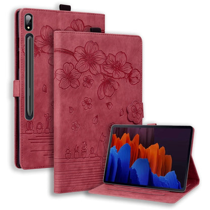 Cartoon Sakura Cat Embossed Leather Tablet Case, For Galaxy Tab S12 Utra / S11 Ultra / S10 Ultra, For Galaxy Tab A11+ / A9+, For Galaxy Tab A11 / A9, For Galaxy Tab S10 FE+