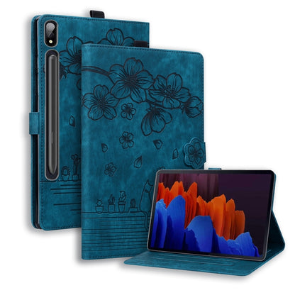 Cartoon Sakura Cat Embossed Leather Tablet Case, For Galaxy Tab S12 Utra / S11 Ultra / S10 Ultra, For Galaxy Tab A11+ / A9+, For Galaxy Tab A11 / A9, For Galaxy Tab S10 FE+