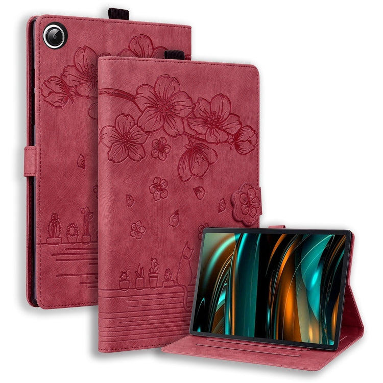 Cartoon Sakura Cat Embossed Leather Tablet Case, For Galaxy Tab S12 Utra / S11 Ultra / S10 Ultra, For Galaxy Tab A11+ / A9+, For Galaxy Tab A11 / A9, For Galaxy Tab S10 FE+
