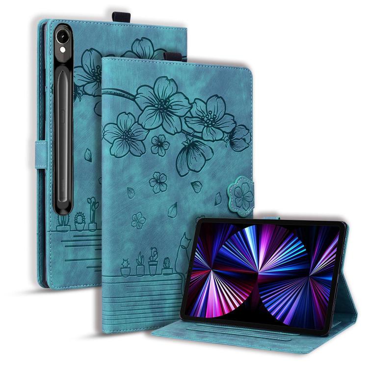 Cartoon Sakura Cat Embossed Leather Tablet Case, For Galaxy Tab S12 Utra / S11 Ultra / S10 Ultra, For Galaxy Tab A11+ / A9+, For Galaxy Tab A11 / A9, For Galaxy Tab S10 FE+