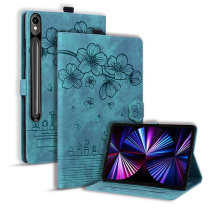 Cartoon Sakura Cat Embossed Leather Tablet Case, For Galaxy Tab S12 Utra / S11 Ultra / S10 Ultra, For Galaxy Tab A11+ / A9+, For Galaxy Tab A11 / A9, For Galaxy Tab S10 FE+