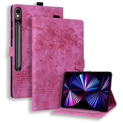 Cartoon Sakura Cat Embossed Leather Tablet Case, For Galaxy Tab S12 Utra / S11 Ultra / S10 Ultra, For Galaxy Tab A11+ / A9+, For Galaxy Tab A11 / A9, For Galaxy Tab S10 FE+