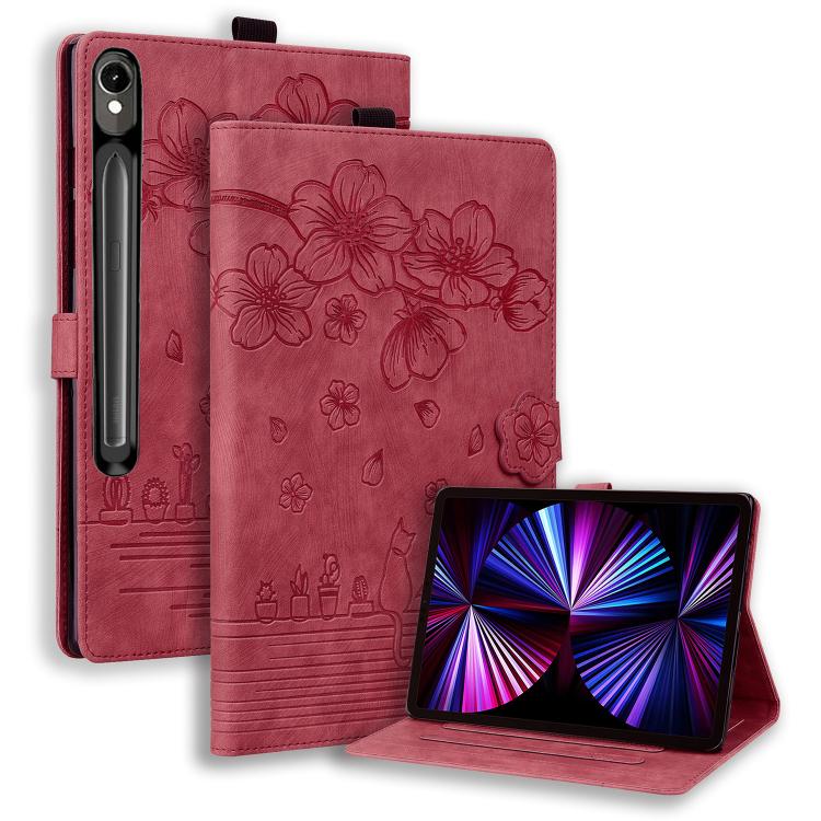 Cartoon Sakura Cat Embossed Leather Tablet Case, For Galaxy Tab S12 Utra / S11 Ultra / S10 Ultra, For Galaxy Tab A11+ / A9+, For Galaxy Tab A11 / A9, For Galaxy Tab S10 FE+