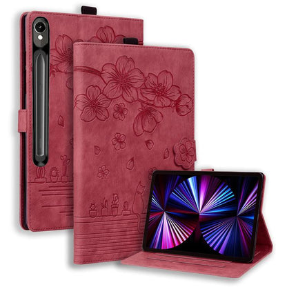Cartoon Sakura Cat Embossed Leather Tablet Case, For Galaxy Tab S12 Utra / S11 Ultra / S10 Ultra, For Galaxy Tab A11+ / A9+, For Galaxy Tab A11 / A9, For Galaxy Tab S10 FE+