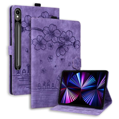 Cartoon Sakura Cat Embossed Leather Tablet Case, For Galaxy Tab S12 Utra / S11 Ultra / S10 Ultra, For Galaxy Tab A11+ / A9+, For Galaxy Tab A11 / A9, For Galaxy Tab S10 FE+