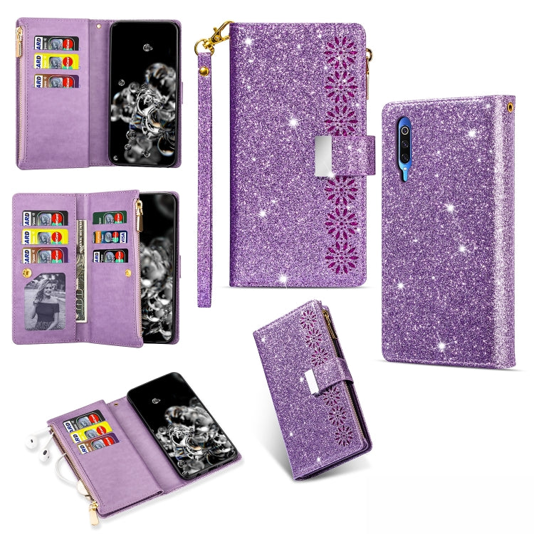 Multi-card Slots Starry Sky Laser Carving Glitter Zipper Horizontal Flip Leather Case with Holder & Wallet & Lanyard, For Xiaomi Redmi K30 Pro, For Xiaomi Mi 9 / Mi 9 Explorer, For Xiaomi Mi CC9 Pro, For Xiaomi Note 10 Pro
