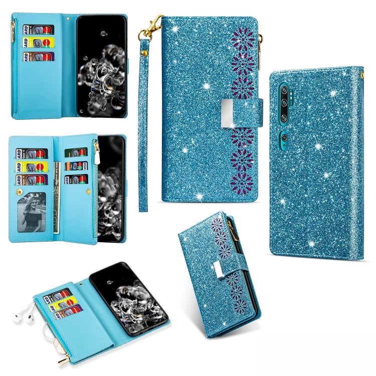 Multi-card Slots Starry Sky Laser Carving Glitter Zipper Horizontal Flip Leather Case with Holder & Wallet & Lanyard, For Xiaomi Redmi K30 Pro, For Xiaomi Mi 9 / Mi 9 Explorer, For Xiaomi Mi CC9 Pro, For Xiaomi Note 10 Pro