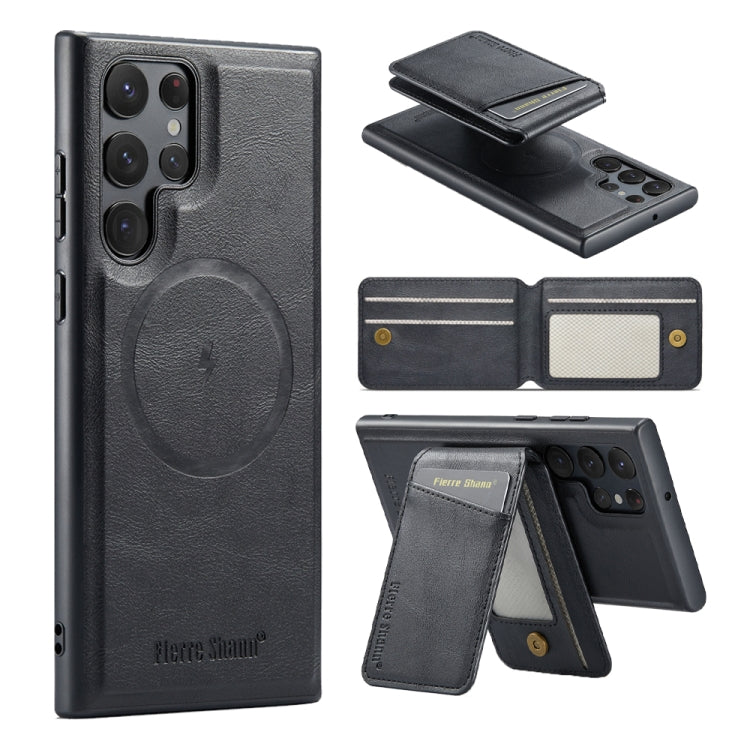Fierre Shann Cowhide Vertical Flip Magnetic Card Holder Phone Case, For Samsung Galaxy S25+ 5G, For Samsung Galaxy S25 Ultra 5G, For Samsung Galaxy S24 FE 5G, For Samsung Galaxy S24 Ultra 5G