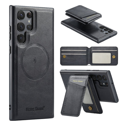 Fierre Shann Cowhide Vertical Flip Magnetic Card Holder Phone Case, For Samsung Galaxy S25+ 5G, For Samsung Galaxy S25 Ultra 5G, For Samsung Galaxy S24 FE 5G, For Samsung Galaxy S24 Ultra 5G