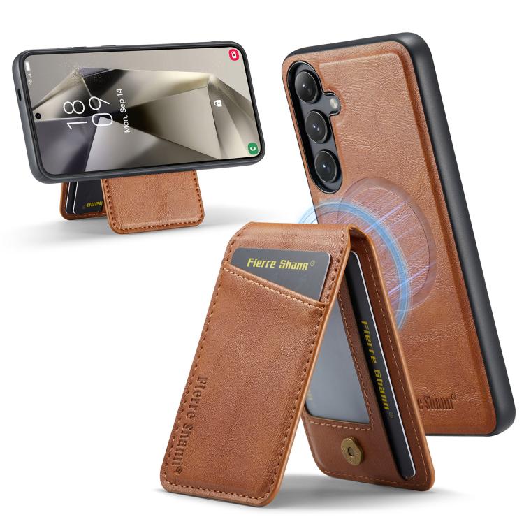 Fierre Shann Cowhide Vertical Flip Magnetic Card Holder Phone Case, For Samsung Galaxy S26+ 5G, For Samsung Galaxy S26 Ultra 5G, For Samsung Galaxy S26 5G, For Samsung Galaxy S25 5G