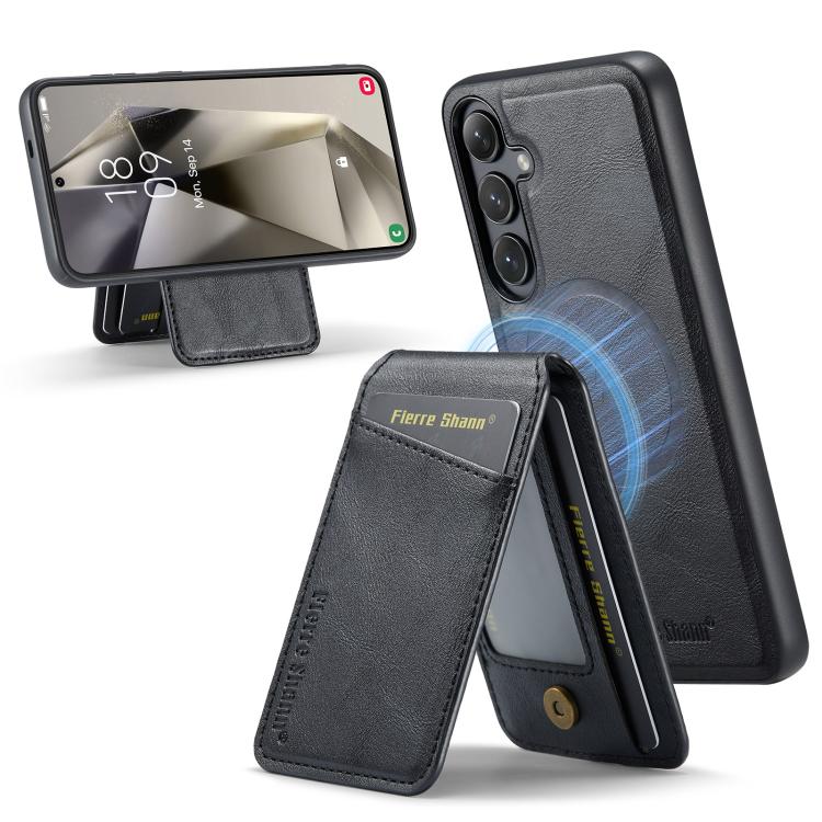 Fierre Shann Cowhide Vertical Flip Magnetic Card Holder Phone Case, For Samsung Galaxy S25+ 5G, For Samsung Galaxy S25 Ultra 5G, For Samsung Galaxy S24 FE 5G, For Samsung Galaxy S24 Ultra 5G
