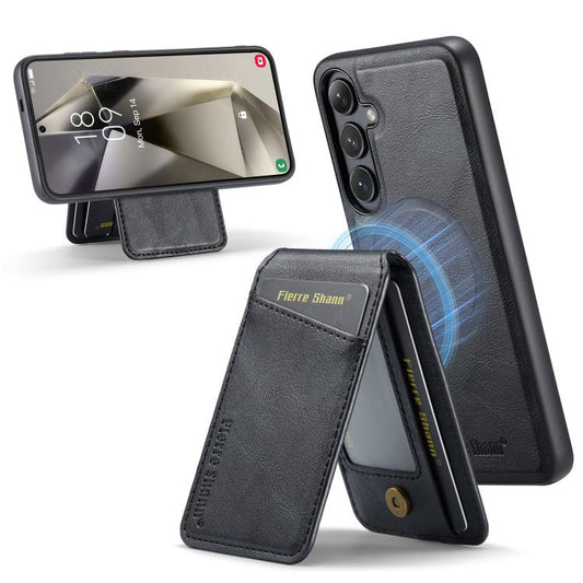 Fierre Shann Cowhide Vertical Flip Magnetic Card Holder Phone Case, For Samsung Galaxy S25+ 5G, For Samsung Galaxy S25 Ultra 5G, For Samsung Galaxy S24 FE 5G, For Samsung Galaxy S24 Ultra 5G