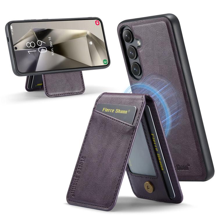 Fierre Shann Cowhide Vertical Flip Magnetic Card Holder Phone Case, For Samsung Galaxy S25+ 5G, For Samsung Galaxy S25 Ultra 5G, For Samsung Galaxy S24 FE 5G, For Samsung Galaxy S24 Ultra 5G