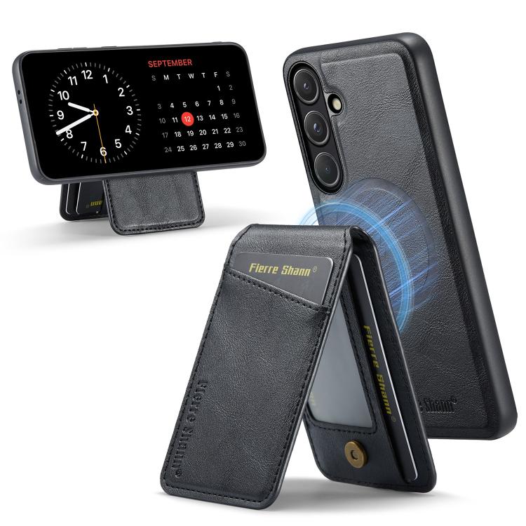 Fierre Shann Cowhide Vertical Flip Magnetic Card Holder Phone Case, For Samsung Galaxy S26+ 5G, For Samsung Galaxy S26 Ultra 5G, For Samsung Galaxy S26 5G, For Samsung Galaxy S25 5G