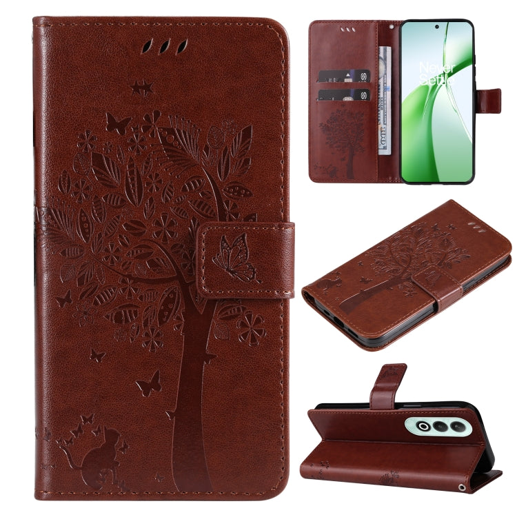 Tree & Cat Embossed Pattern Flip Leather Phone Case, For OnePlus Nord CE4