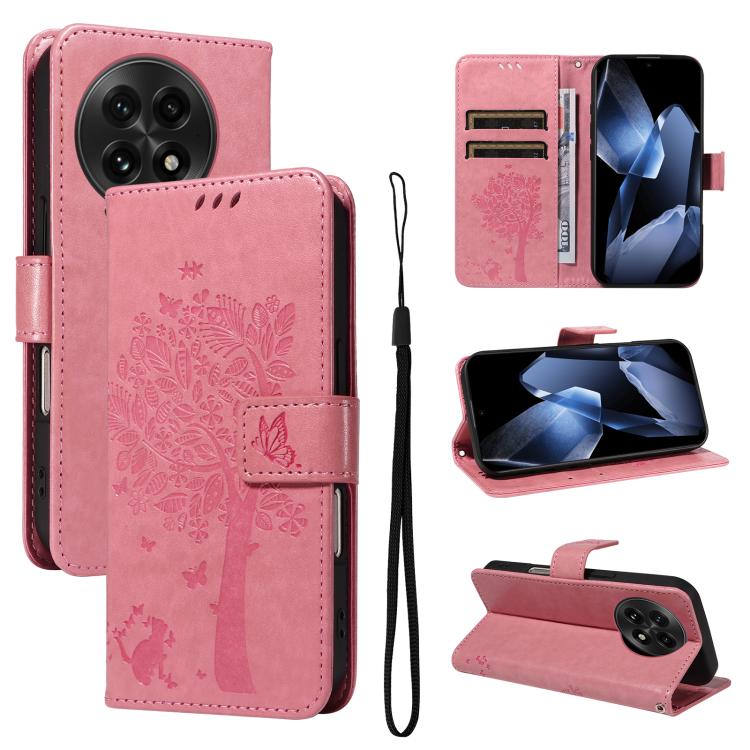 Tree & Cat Embossed Pattern Flip Leather Phone Case, For OnePlus 13R Global, For OnePlus 13