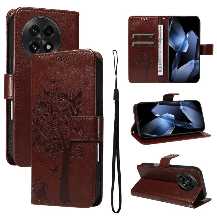 Tree & Cat Embossed Pattern Flip Leather Phone Case, For OnePlus 13R Global, For OnePlus 13