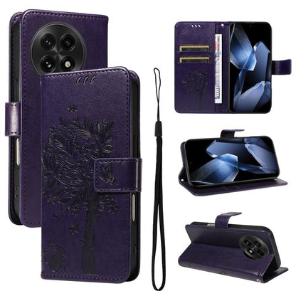 Tree & Cat Embossed Pattern Flip Leather Phone Case, For OnePlus 13R Global, For OnePlus 13