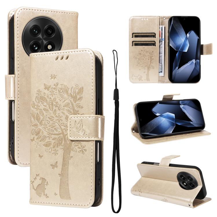 Tree & Cat Embossed Pattern Flip Leather Phone Case, For OnePlus 13R Global, For OnePlus 13