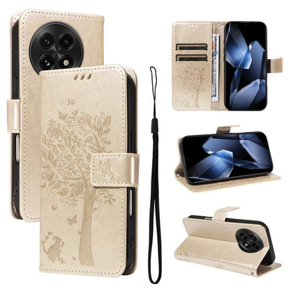 Tree & Cat Embossed Pattern Flip Leather Phone Case, For OnePlus 13R Global, For OnePlus 13