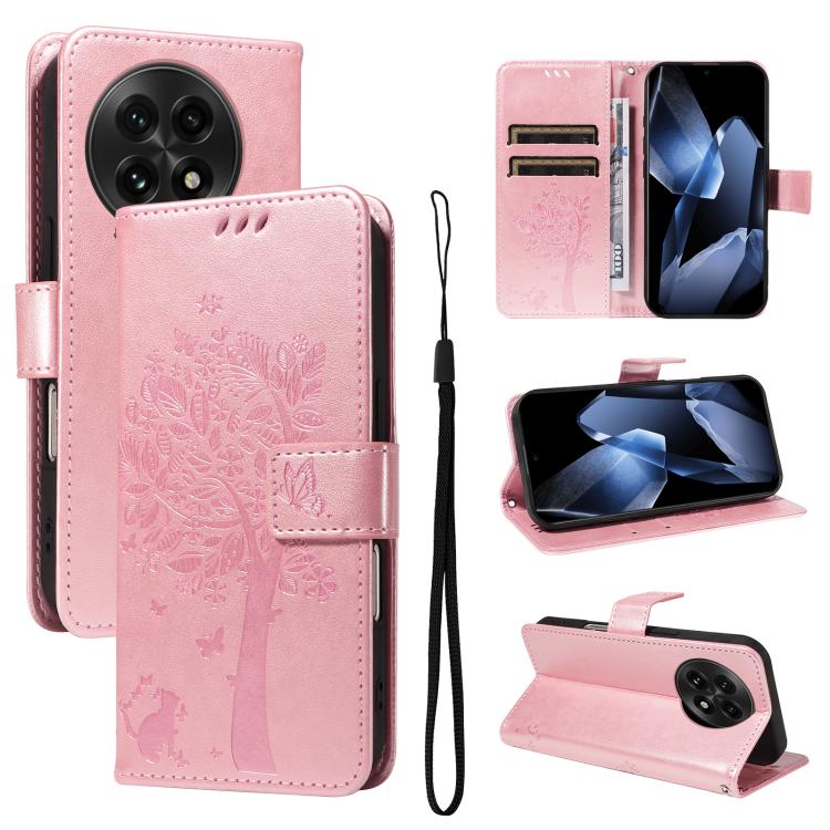 Tree & Cat Embossed Pattern Flip Leather Phone Case, For OnePlus 13R Global, For OnePlus 13