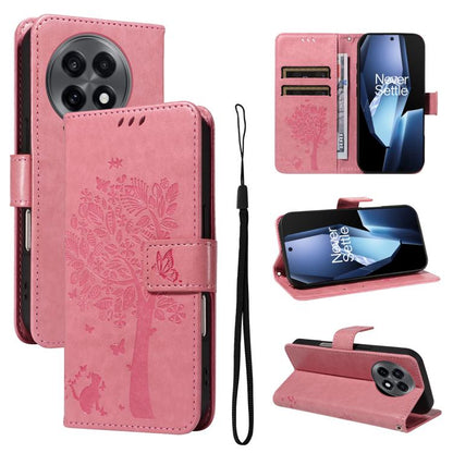 Tree & Cat Embossed Pattern Flip Leather Phone Case, For OnePlus 13R Global, For OnePlus 13