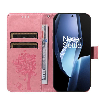 Tree & Cat Embossed Pattern Flip Leather Phone Case, For OnePlus 13R Global, For OnePlus 13