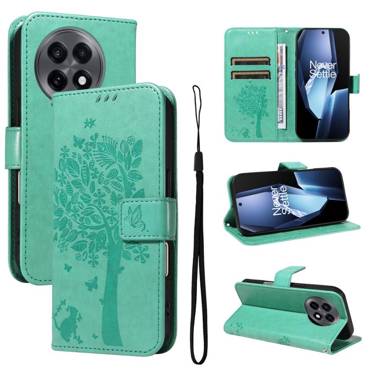 Tree & Cat Embossed Pattern Flip Leather Phone Case, For OnePlus 13R Global, For OnePlus 13