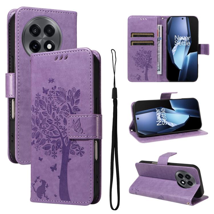 Tree & Cat Embossed Pattern Flip Leather Phone Case, For OnePlus 13R Global, For OnePlus 13
