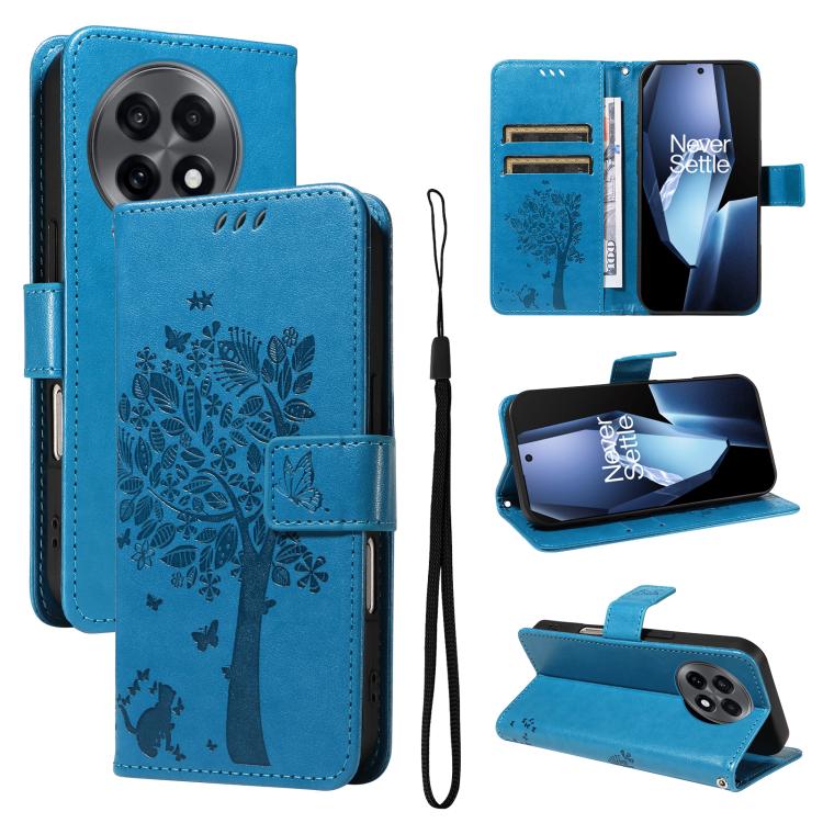 Tree & Cat Embossed Pattern Flip Leather Phone Case, For OnePlus 13R Global, For OnePlus 13