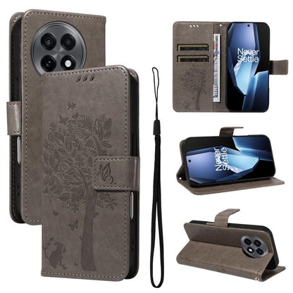 Tree & Cat Embossed Pattern Flip Leather Phone Case, For OnePlus 13R Global, For OnePlus 13