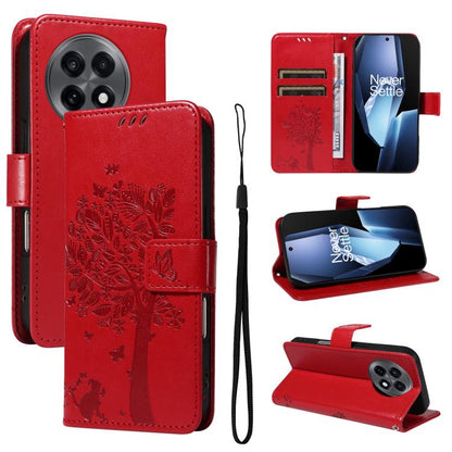 Tree & Cat Embossed Pattern Flip Leather Phone Case, For OnePlus 13R Global, For OnePlus 13