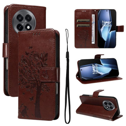 Tree & Cat Embossed Pattern Flip Leather Phone Case, For OnePlus 13R Global, For OnePlus 13