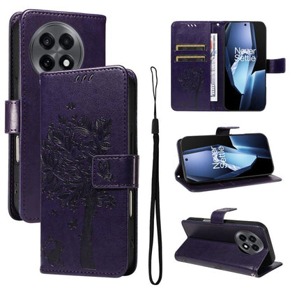 Tree & Cat Embossed Pattern Flip Leather Phone Case, For OnePlus 13R Global, For OnePlus 13