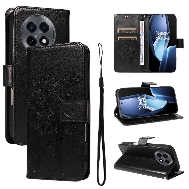Tree & Cat Embossed Pattern Flip Leather Phone Case, For OnePlus 13R Global, For OnePlus 13