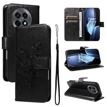 Tree & Cat Embossed Pattern Flip Leather Phone Case, For OnePlus 13R Global, For OnePlus 13
