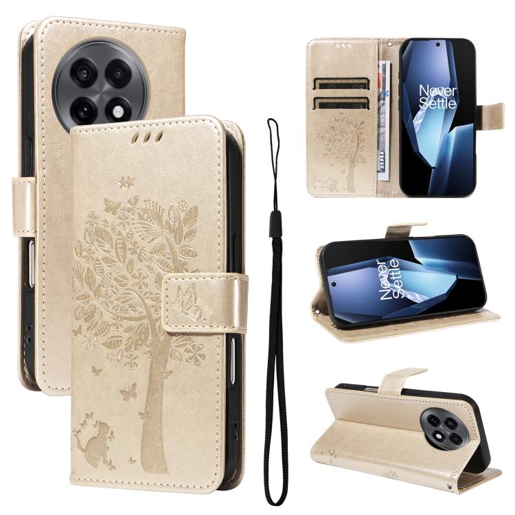 Tree & Cat Embossed Pattern Flip Leather Phone Case, For OnePlus 13R Global, For OnePlus 13