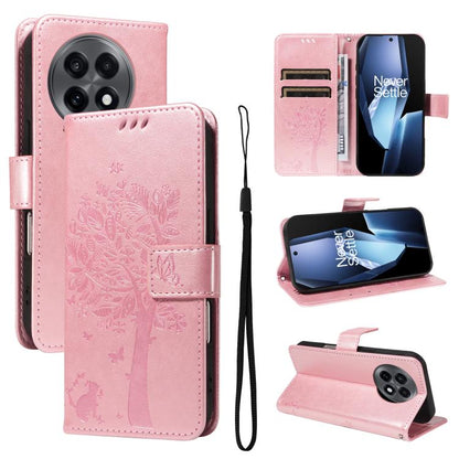 Tree & Cat Embossed Pattern Flip Leather Phone Case, For OnePlus 13R Global, For OnePlus 13