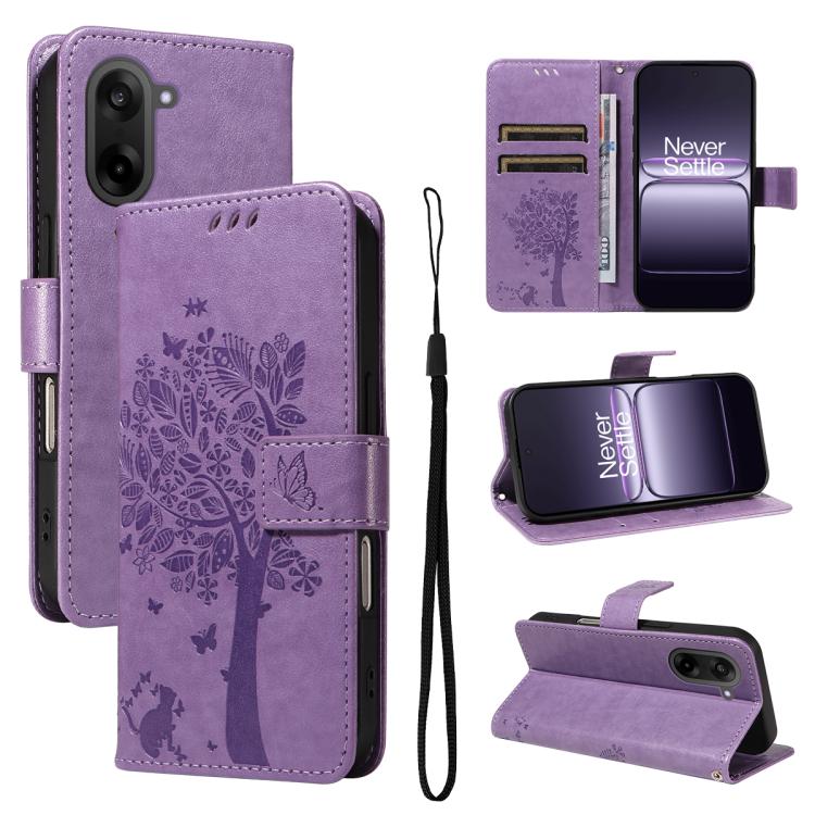 Tree & Cat Embossed Pattern Flip Leather Phone Case, For OnePlus Ace 5 Ultra, For OnePlus Nord CE5