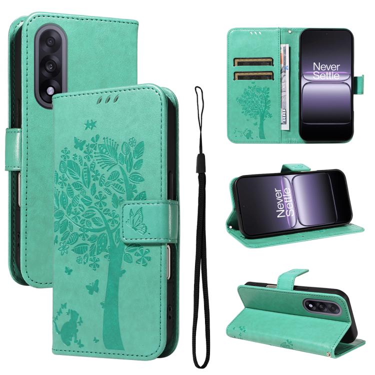 Tree & Cat Embossed Pattern Flip Leather Phone Case, For OnePlus Ace 5 Ultra, For OnePlus Nord CE5