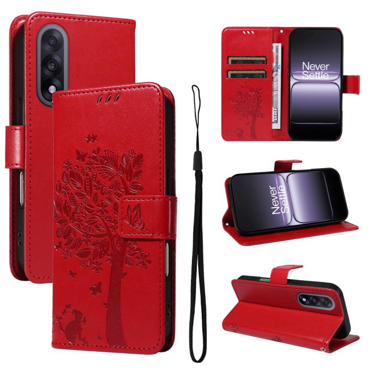 Tree & Cat Embossed Pattern Flip Leather Phone Case, For OnePlus Ace 5 Ultra, For OnePlus Nord CE5