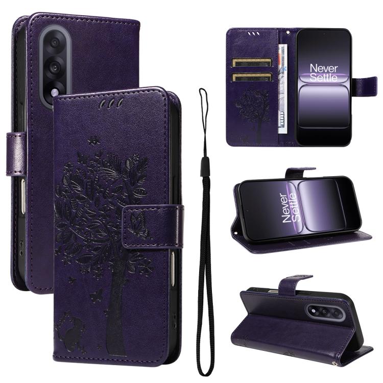 Tree & Cat Embossed Pattern Flip Leather Phone Case, For OnePlus Ace 5 Ultra, For OnePlus Nord CE5