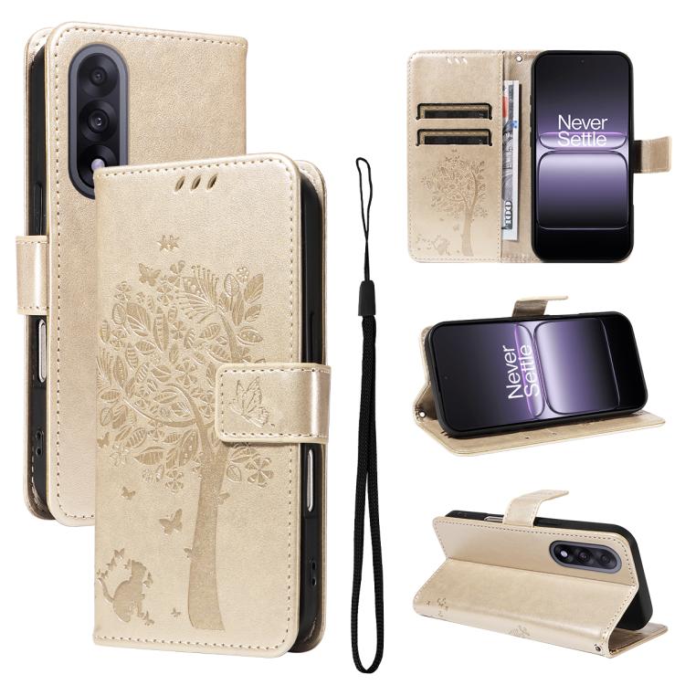 Tree & Cat Embossed Pattern Flip Leather Phone Case, For OnePlus Ace 5 Ultra, For OnePlus Nord CE5
